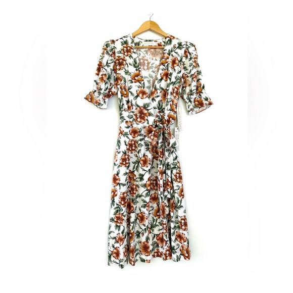 Happy X Nature Teagarden Floral Puff Sleeve Linen Wrap Midi Dress Small Coquette - Picture 2 of 13